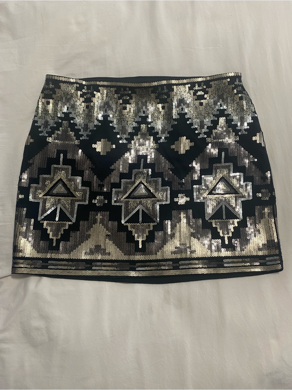 Express Black Mini Skirt with Gold Sequin Aztec Pattern